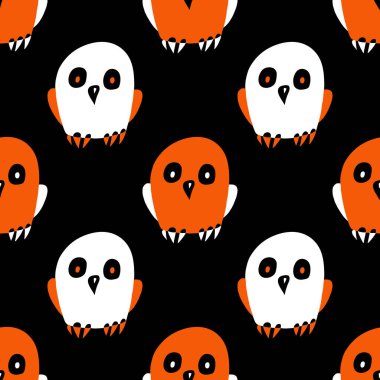 Baykuşlar stilize seamless modeli siyah bir arka plan. Vektör çizim. 