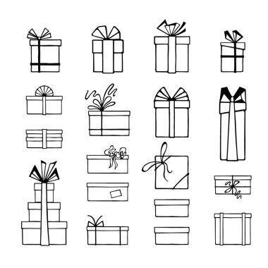 Stilize siyah beyaz hediye kutuları çizilmiş kümesi. Vektör çizim.