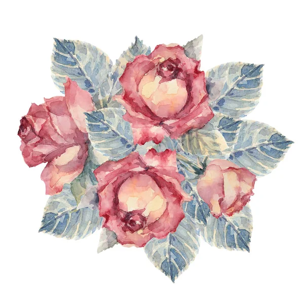 Bouquet Roses Rouges Sur Fond Blanc Illustration Aquarelle — Photo