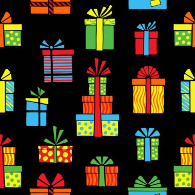 Sorunsuz çizilmiş desen siyah bir arka plan üzerinde stilize renkli hediye kutuları. Vektör çizim. Vektör çizim.