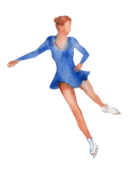 Jovencita Patinadora Artística Vestido Azul Deslizándose Sobre Hielo Ilustración Acuarela —  Fotos de Stock