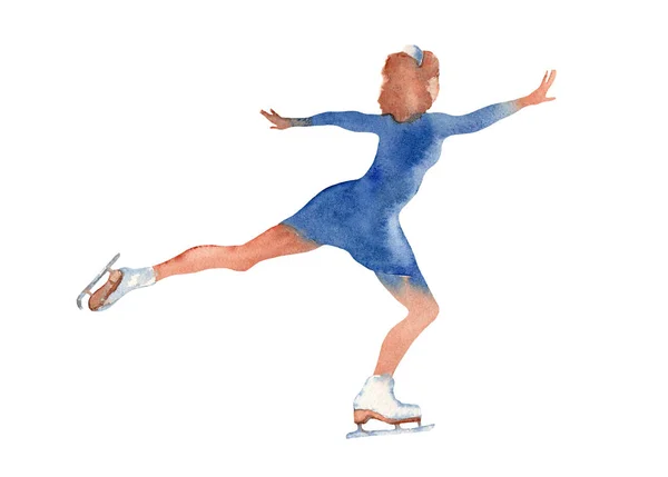 Ung Flicka Konståkare Blå Klänning Landning Position Vit Bakgrund Akvarell — Stockfoto