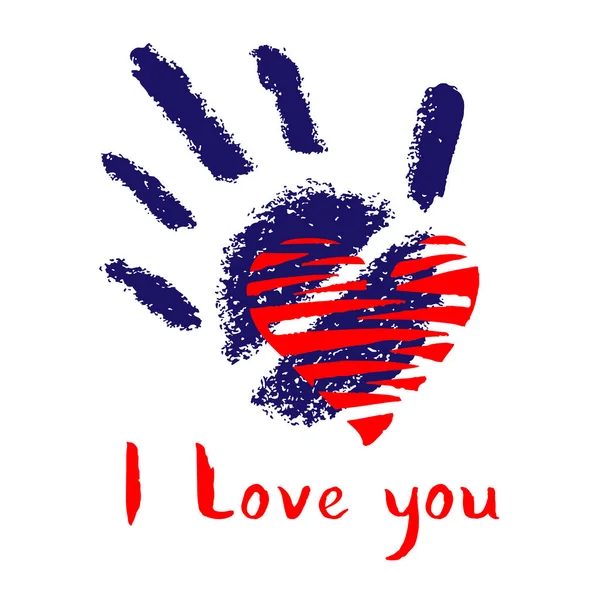 Stilizált Kártya Kézzel Rajzolt Betűkkel Handprint Piros Szív Love You — Stock Vector