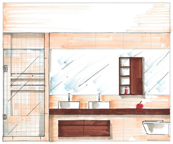 モダンなバスルームの組成の手描きのスケッチ — ストック写真