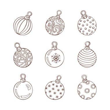 Kar taneleri, circls, nokta, buzlu desenler ve beyaz bir arka plan üzerinde inci ile tek renkli noel topları Kış seti. Tatil dekor ve tebrik kartları Vintage el çizilmiş koleksiyonu. Kış sembolleri. Vektör çizimi.