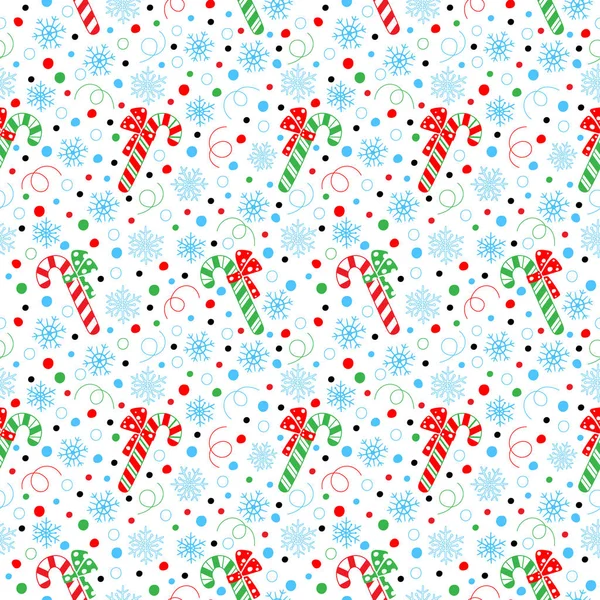 Patrón sin costuras de copos de nieve y bastones de caramelo rayados. Rojo, bla — Vector de stock