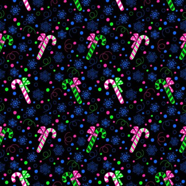 Kusursuz neon rengi kar taneleri ve çizgili baston şekerler. Siyah arka planda pembe, yeşil ve mavi konfeti. Floresan kış sembollerinin vektör çizimi.