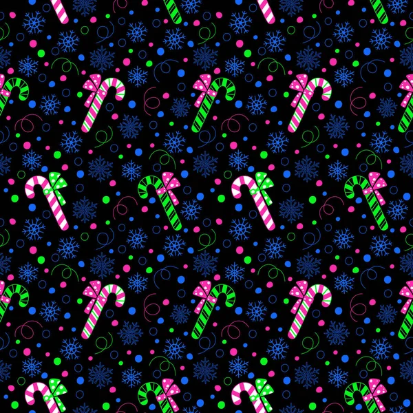 Безшовний Неоновий Візерунок Сніжинками Смугастими Цукерками Рожевий Зелений Синій Конфетті — стоковий вектор