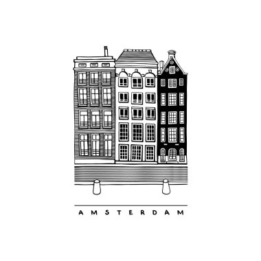Damrak Bulvarı 'nda üç ev. Hollanda, Amsterdam 'ın merkez caddeleri, evleri ve kanalları. Şehir eskizlerinin el çizimi koleksiyonu. Avrupa kentinin vektör illüstrasyonu.
