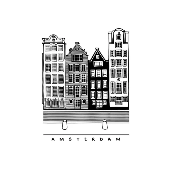 オランダ アムステルダムのDamrak Avenue ヨーロッパの都市の中心部の通り 都市部のスケッチの手描きのコレクション 白い背景のベクトルイラスト — ストックベクタ