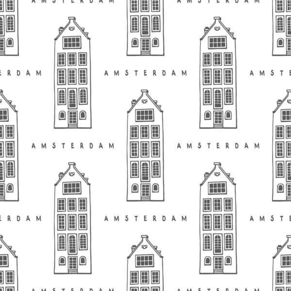 Einfarbig Nahtloses Häusermuster Der Damrak Avenue Und Amsterdam Schriftzug Niederlande — Stockvektor