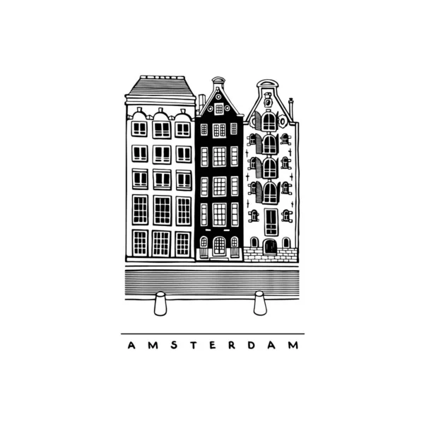 Дома Дамрак Авеню Амстердам Нидерланды Центральная Улица Ручная Коллекция Городских — стоковый вектор