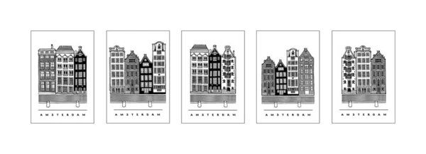 Uppsättning Hus Damrak Avenue Amsterdam Nederländerna Central Street Och Hus — Stock vektor
