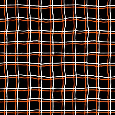 Siyah ve turuncu İskoç hücresi. Kusursuz el çizimi desen. Siyah arkaplanda vektör illüstrasyonu.