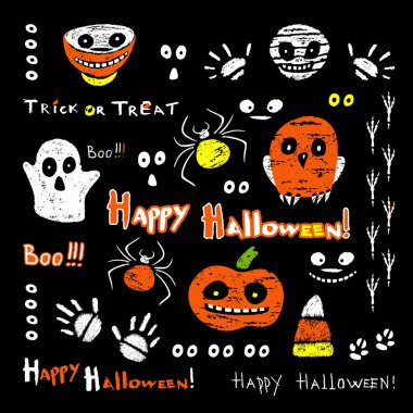 Balkabağı, baykuş, hayalet, örümcekler, kase, mumya, el izi, şeker külahı ve cümleler. Büyük bir Cadılar Bayramı sembolü seti. Siyah arkaplanda vektör illüstrasyonu.