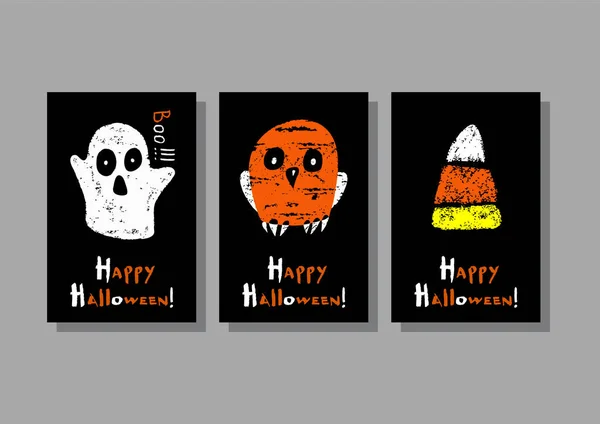 Eule Gespenst Und Zuckertüte Grusskarten Für Halloween Vorhanden Drei Vektorillustrationen — Stockvektor