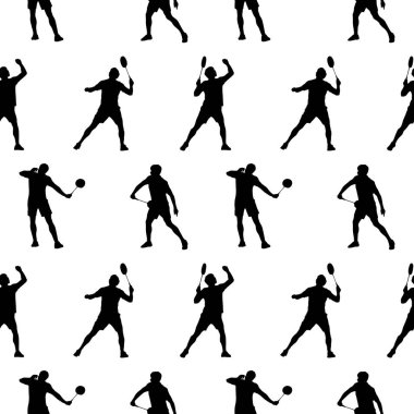Badminton 'da. Oynayan adamların kusursuz siluetleri. Spor koleksiyonu. Vektör illüstrasyonu.