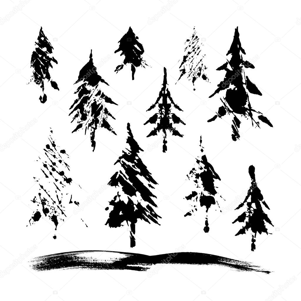 Silhouette of Christmas Tree. Black and white set. Winter symbols collection. Vector Illustration.