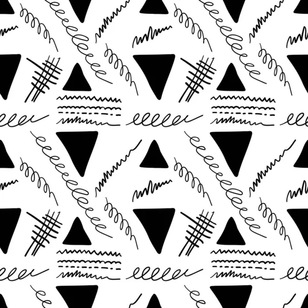 Czarno-białe, bezszwowe trójkąty wzorów i linie. Ręcznie rysowany szablon. Ilustracja wektora — Wektor stockowy