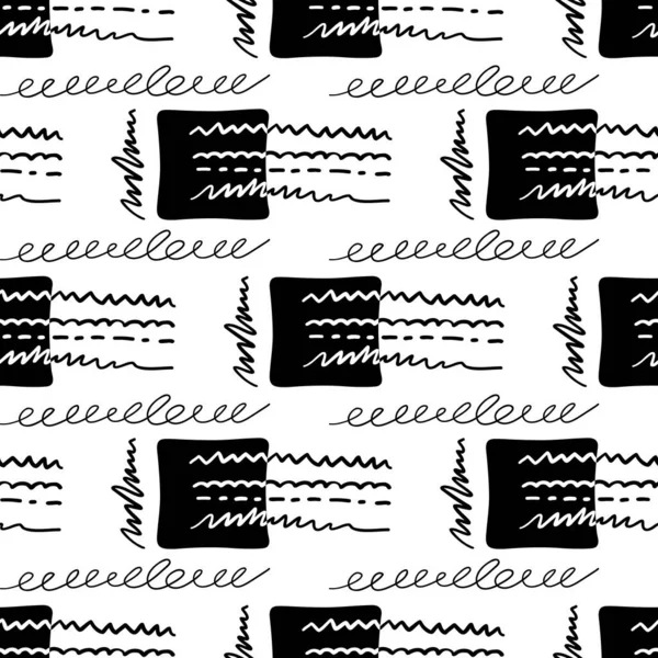 Czarno-biały bezszwowy wzór kwadratów i linii. Ręcznie rysowany szablon. Ilustracja wektora. — Wektor stockowy