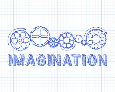 Hayal metin dişli tekerlekleri elle çizilmiş grafik kağıdı adam ile