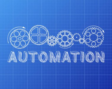 Dişli tekerlekleri elle blueprint adam üzerinde çizilmiş metinle Otomasyon
