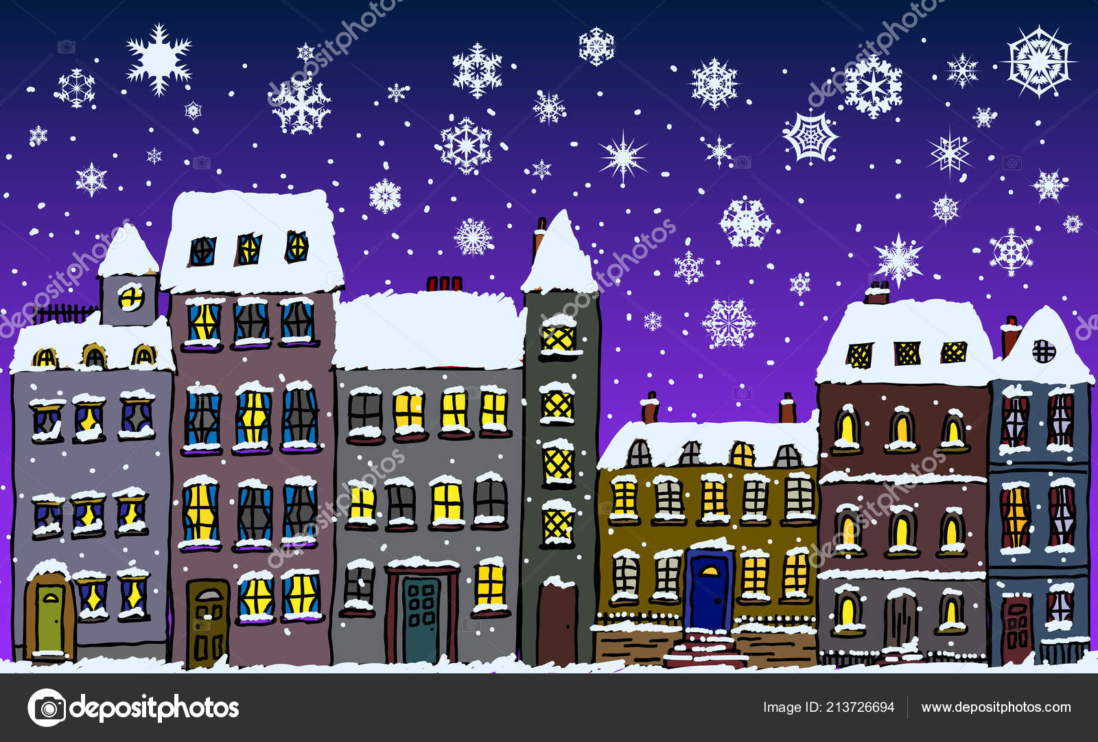 Cartoon Style Street Old Fashioned Town Houses Covered Snow Snowflakes Vector Image By C Eyematrix Vector Stock