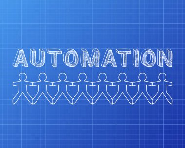 Otomasyon metin elle kağıt insanlarla blueprint adam üzerinde çizilmiş