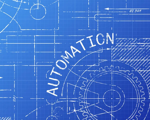 Automatizálás Szöveg Fogaskerekek Kézzel Rajzolt Blueprint Műszaki Rajz Háttere — Stock Vector