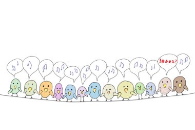 Line of cartoon birds tweeting on a line with one swearing clipart