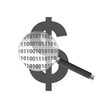 İkili şifre para birimi dat gösterilen büyüteç altında dolar para işareti