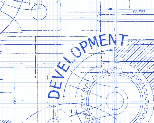 Development Text Gear Wheels Hand Drawn Graph Paper Technical Drawing — Stock Vector