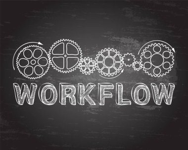 Tahta adam üzerinde çizilmiş dişli tekerlekleri el ile iş akışı metin