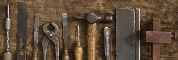 Vecchi Strumenti Lavorazione Del Legno Striscione Straccio Grungy — Foto Stock