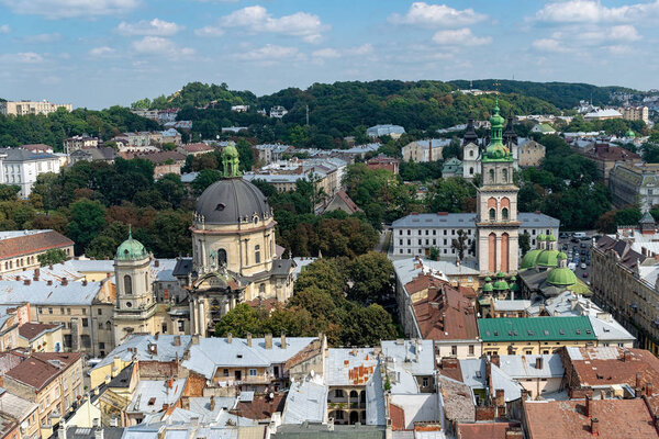 Lviv, Ukraine - August 23, 2018: Landmarks in the center of Lviv - old city in the Western part of Ukraine. View from the City Hall Tower.