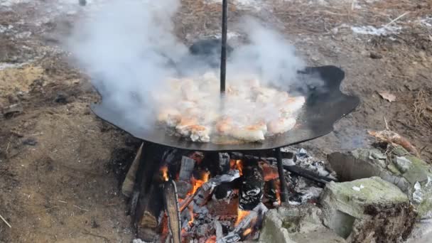 Kawałki Kurczaka Smażone Patelni Zewnątrz Otwartym Ogniu — Wideo stockowe