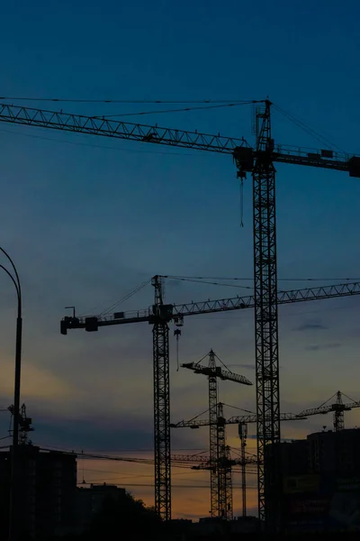 Grúas de construcción al atardecer — Foto de Stock