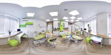 Moskova - yaz 2018, yeşil diş Office açısı 360 ile 3d küresel panorama. Sanal gerçeklik için hazır. Tam equirectangular projeksiyon. Diş Kliniği. Yeşil renk.