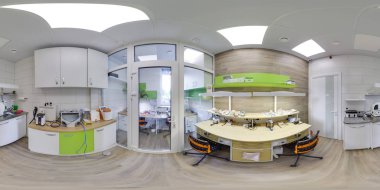 Moskova - yaz 2018, yeşil diş Office açısı 360 ile 3d küresel panorama. Sanal gerçeklik için hazır. Tam equirectangular projeksiyon. Diş Kliniği. Yeşil renk.