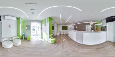 Moskova - yaz 2018, yeşil modern diş Office açısı 360 ile 3d küresel panorama. Sanal gerçeklik için hazır. Tam equirectangular projeksiyon. Diş Kliniği. Resepsiyon. Yeşil renk.
