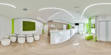 Moskova - yaz 2018, yeşil modern diş Office açısı 360 ile 3d küresel panorama. Sanal gerçeklik için hazır. Tam equirectangular projeksiyon. Diş Kliniği. Resepsiyon. Yeşil renk.