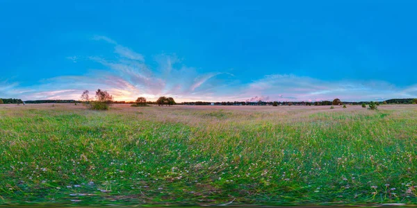 Equirectangular  360 degree spherical panorama for virtual reality background beautiful sunrise at the field landscape blue sky — Stock Photo, Image