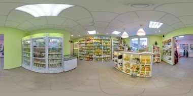 Eko-mağaza gıda ve buzdolabı ile iç. Güzel arka plan. 3B küresel panorama 360 derecelik görüş açısı ile. Vr sanal gerçeklik için hazır. Tam equirectangular projeksiyon.