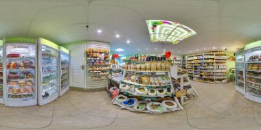 Eko-mağaza gıda ve buzdolabı ile iç. Güzel arka plan. 3B küresel panorama 360 derecelik görüş açısı ile. Vr sanal gerçeklik için hazır. Tam equirectangular projeksiyon.