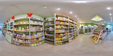 Eko-mağaza gıda ve buzdolabı ile iç. Güzel arka plan. 3B küresel panorama 360 derecelik görüş açısı ile. Vr sanal gerçeklik için hazır. Tam equirectangular projeksiyon.
