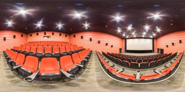 Moskova-2018: 3d küresel panorama 360 derecelik görüş açısı boş sinema salonu iç kırmızı rahat koltuklar ve ekran ile. Vr sanal gerçeklik için hazır. Tam equirectangular projeksiyon.