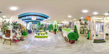 Moskova-2018: 3d küresel panorama 360 derecelik görüş açısı çiçekçiye yeşil bitkiler ile iç ile. Tam equirectangular projeksiyon. Vr sanal gerçeklik için hazır.