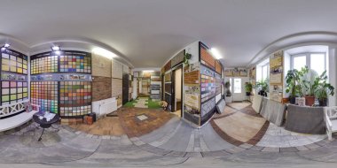Moskova-2018: 3d küresel panorama 360 derecelik görüş açısı levha ve dekoratif fayans parke ile donanım mağaza iç ile. Tam equirectangular projeksiyon. Vr sanal gerçeklik için hazır.