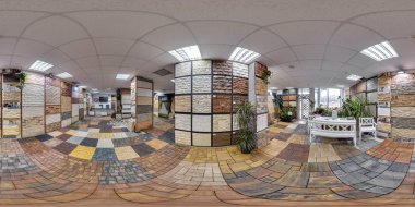 Moskova-2018: 3d küresel panorama 360 derecelik görüş açısı levha ve dekoratif fayans parke ile donanım mağaza iç ile. Tam equirectangular projeksiyon. Vr sanal gerçeklik için hazır. 