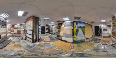 Moskova-2018: 3d küresel panorama 360 derecelik görüş açısı levha ve dekoratif fayans parke ile donanım mağaza iç ile. Tam equirectangular projeksiyon. Vr sanal gerçeklik için hazır. 